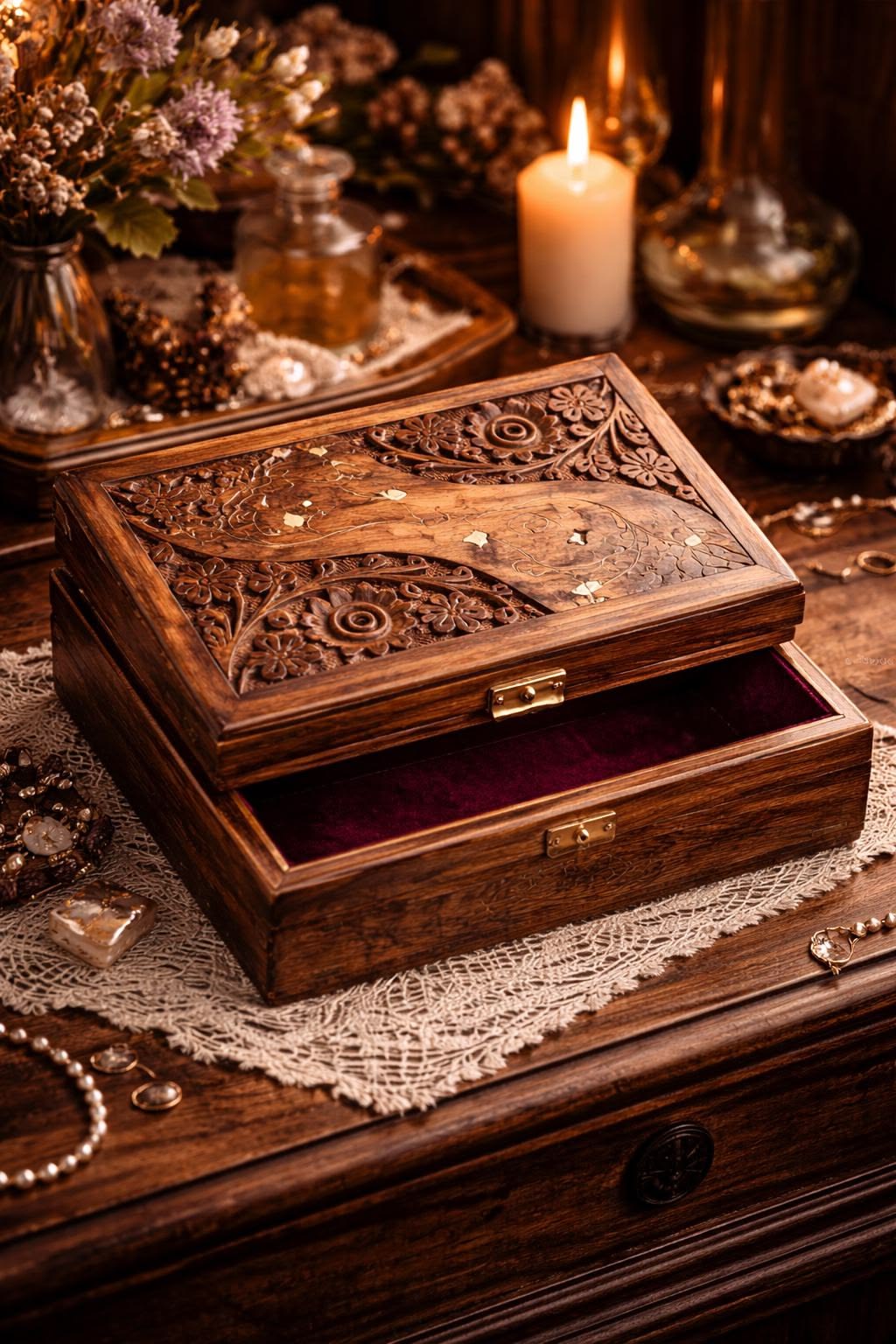 Carved Rosewood Jewellery Box